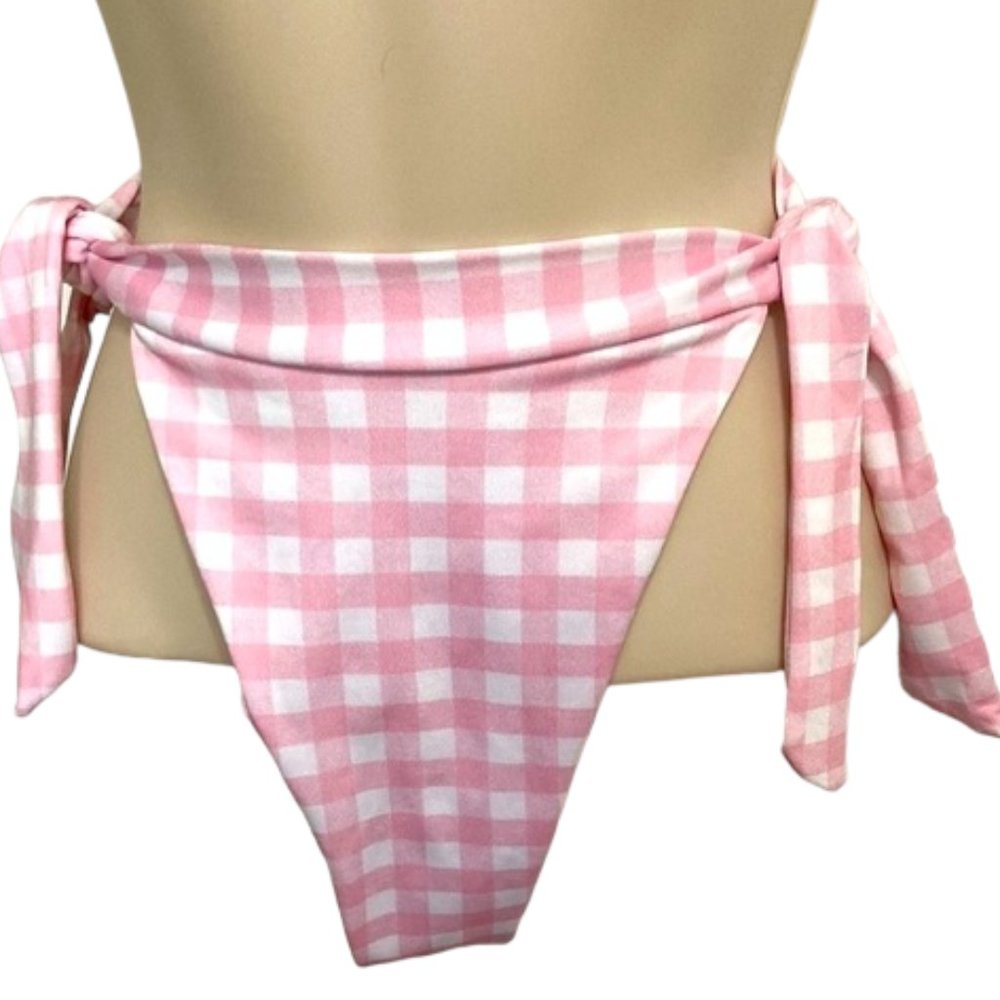 PRETTY LITTLE THINGS Baby Pink Gingham Ribbon Tie Side High Leg Bottom S…